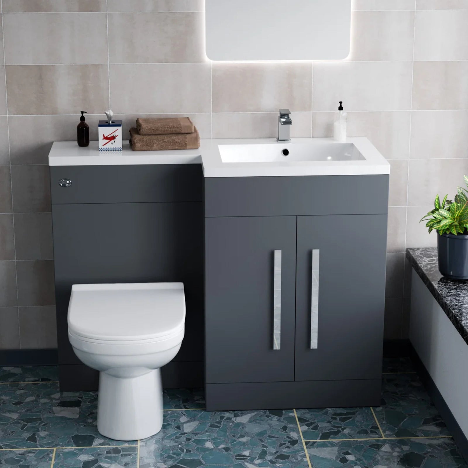 1100mm Right Hand Matte Dark Grey Basin Vanity WC Unit & Toilet