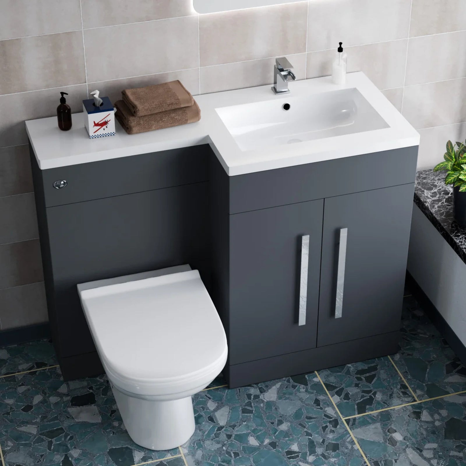 1100mm Right Hand Matte Dark Grey Basin Vanity WC Unit & Toilet