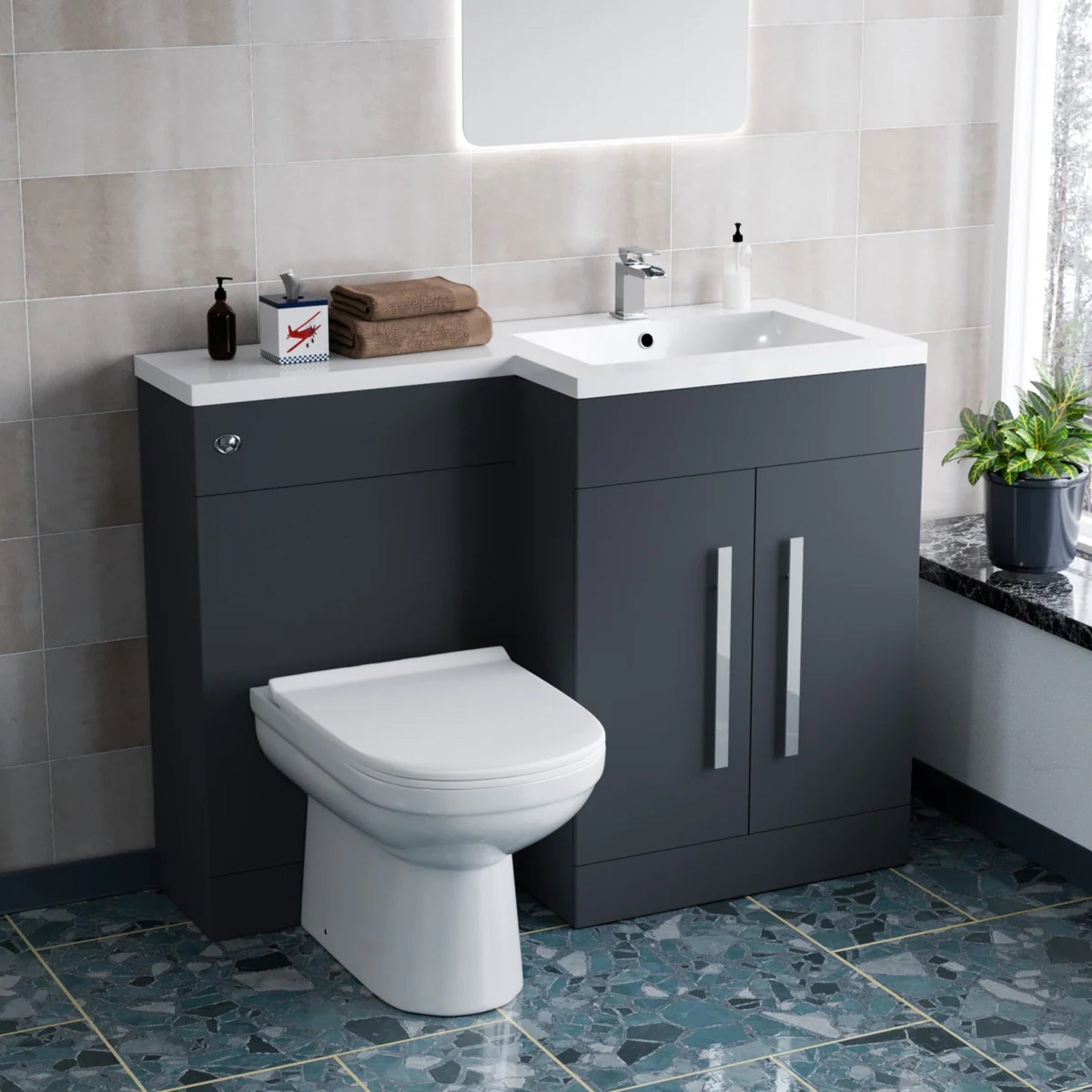 1100mm Right Hand Matte Dark Grey Basin Vanity WC Unit & Toilet
