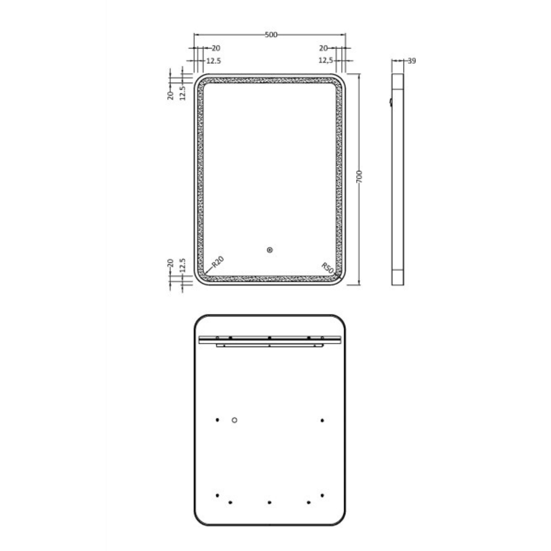 Black Frame Touch Sensor LED Rectangular Mirror With Demister 700 x 500mm