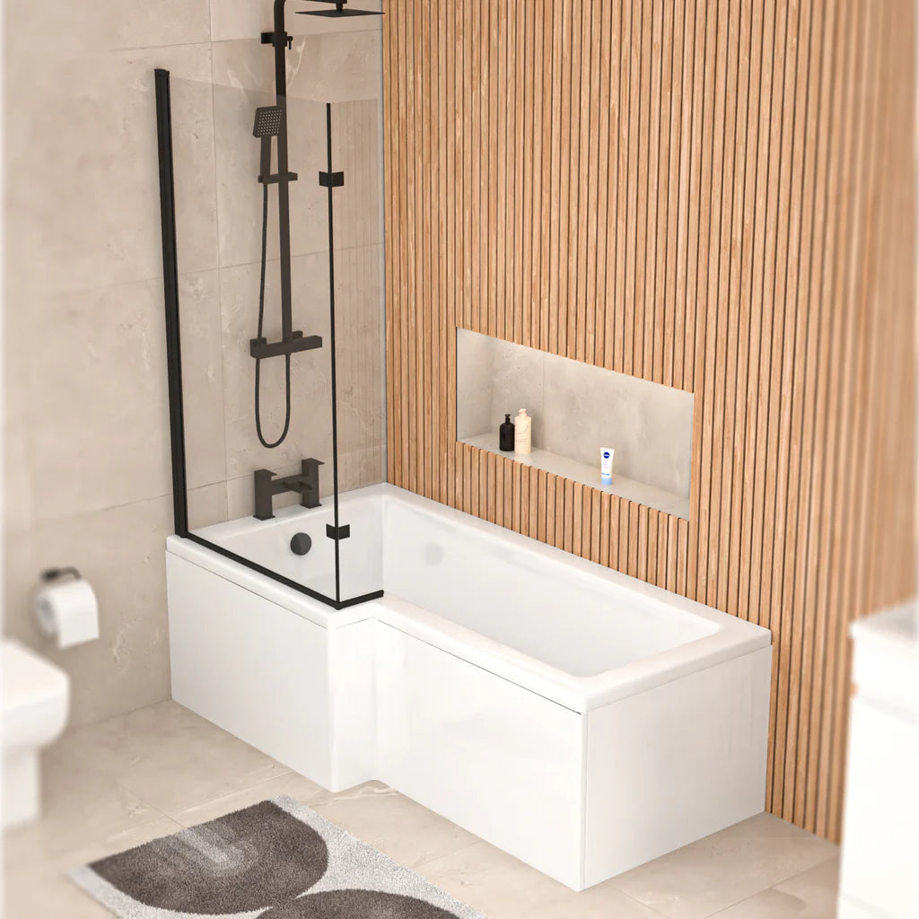 Left L Shaped Shower Bath With Front End Panel & Matte Black Screen