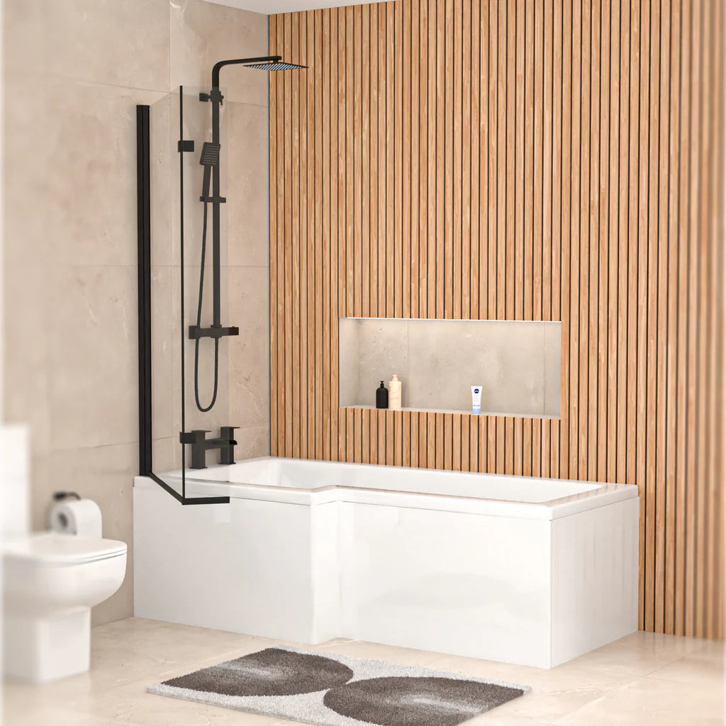 Left L Shaped Shower Bath With Front End Panel & Matte Black Screen