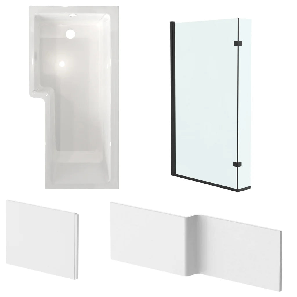 Left L Shaped Shower Bath With Front End Panel & Matte Black Screen
