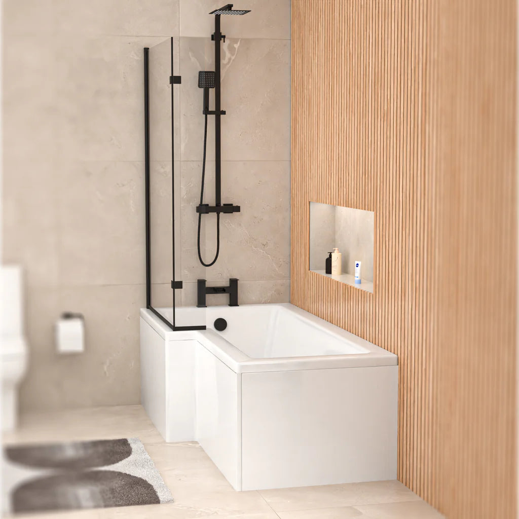 Left Hand L Shaped Shower Bath With Front Panel & Matte Black Screen