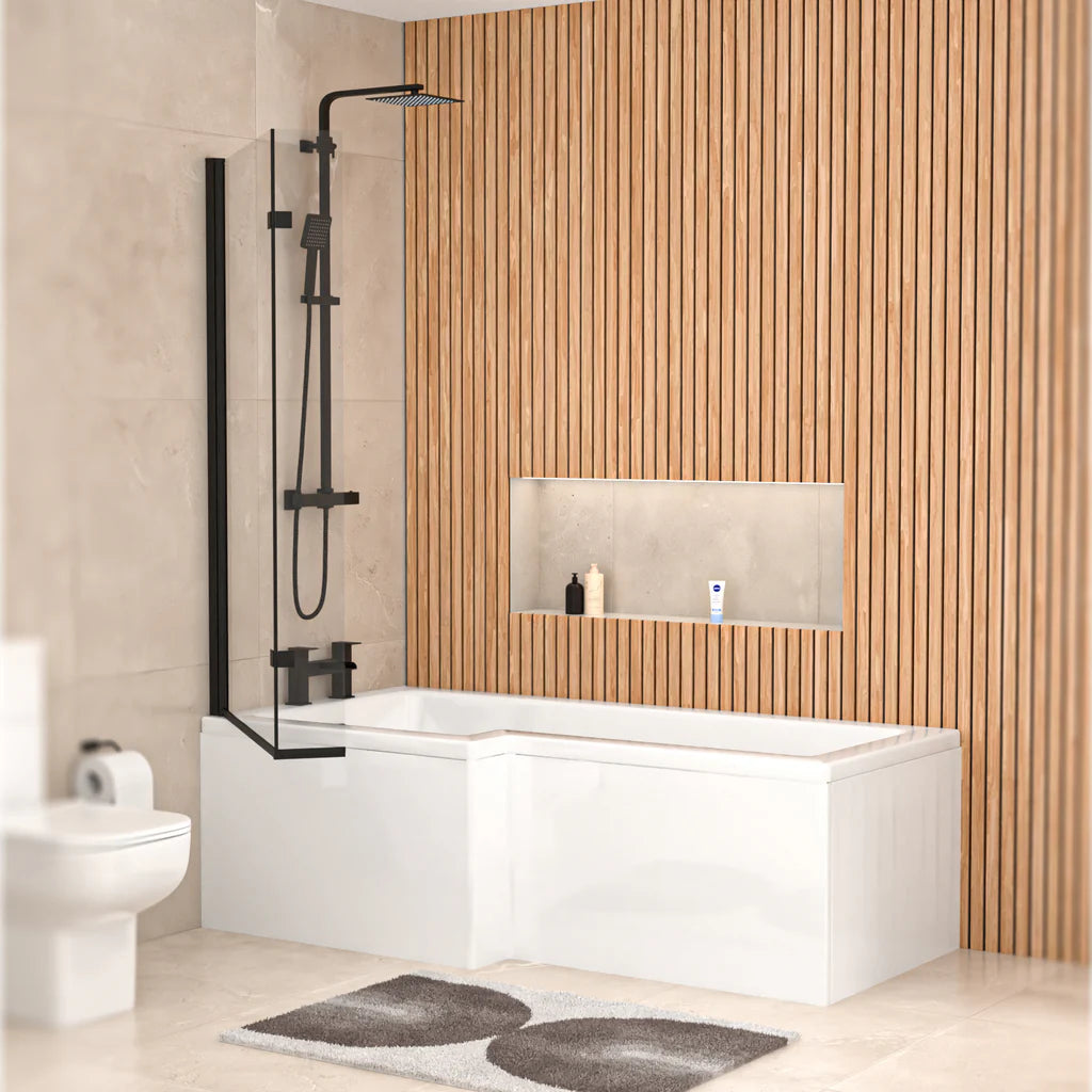 Left Hand L Shaped Shower Bath With Front Panel & Matte Black Screen