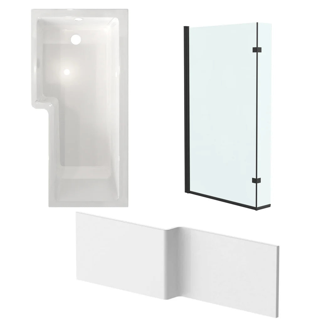 Left Hand L Shaped Shower Bath With Front Panel & Matte Black Screen