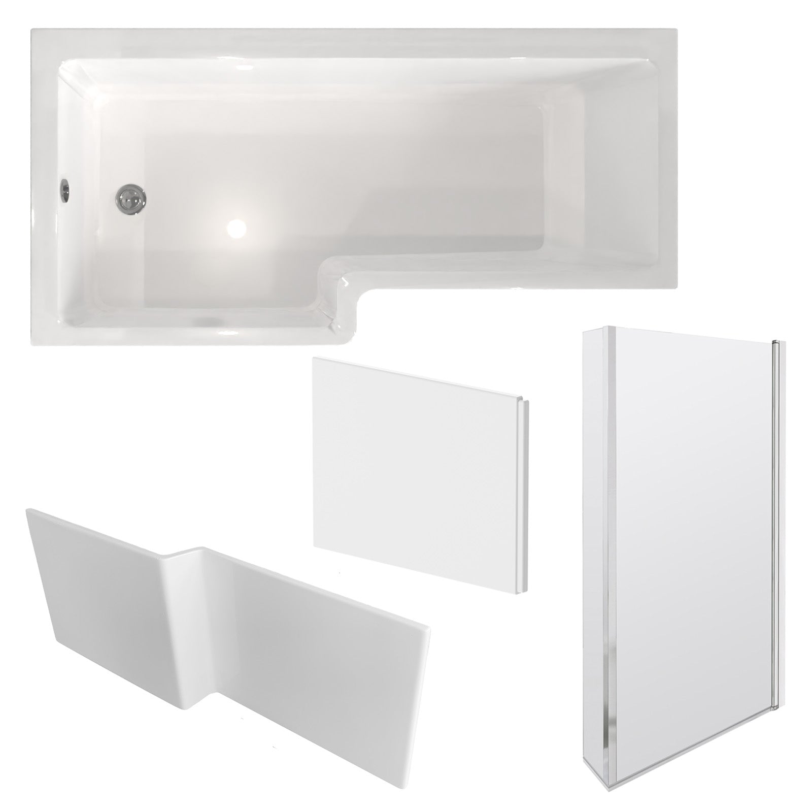 1700 x 850mm Left Hand L Shaped Shower Bath With Front End Panel & Hinged Shower Screen