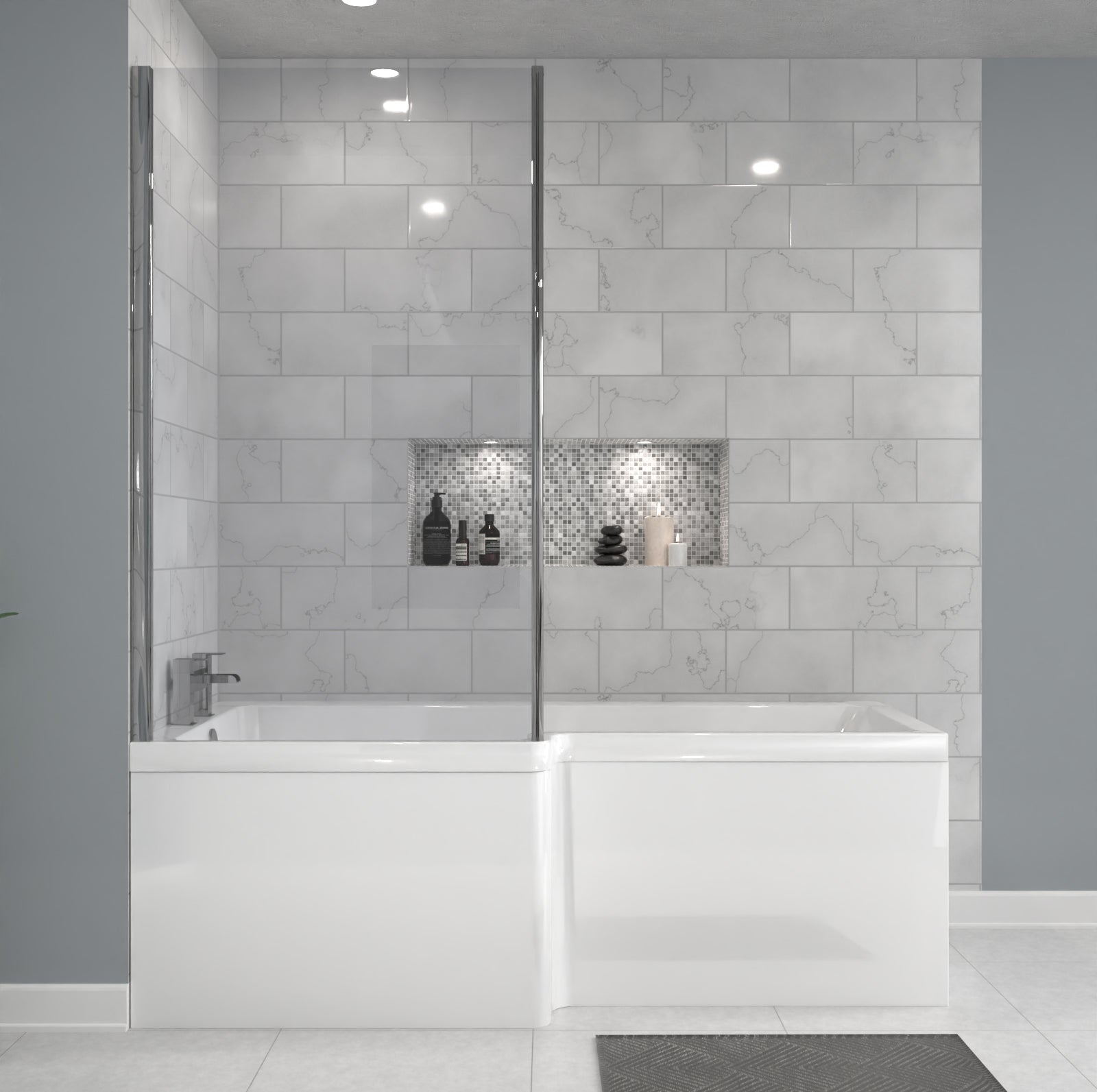 Left Hand L Shaped Shower Bath 1700 x 850mm With Hinged Shower Screen