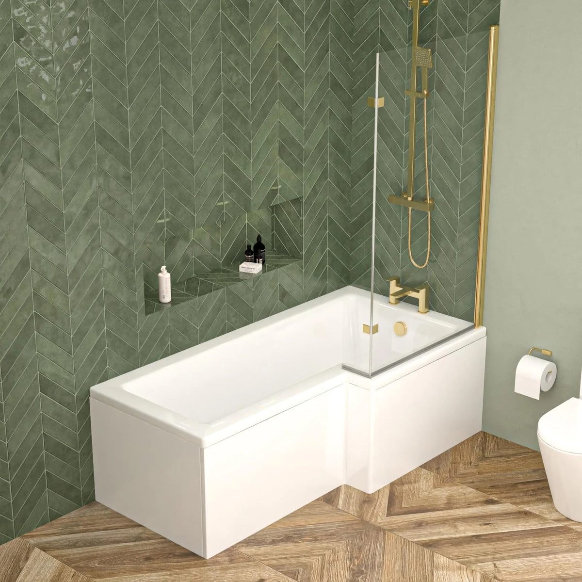 1700mm L-Shaped Right Hand Shower Bath with Brushed Brass Shower Screen (Front & End Panels Included)