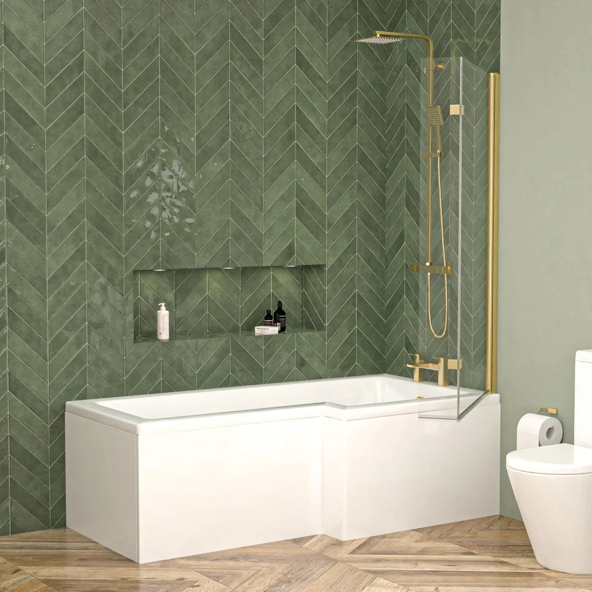 1700mm L-Shaped Right Hand Shower Bath with Brushed Brass Shower Screen (Front & End Panels Included)