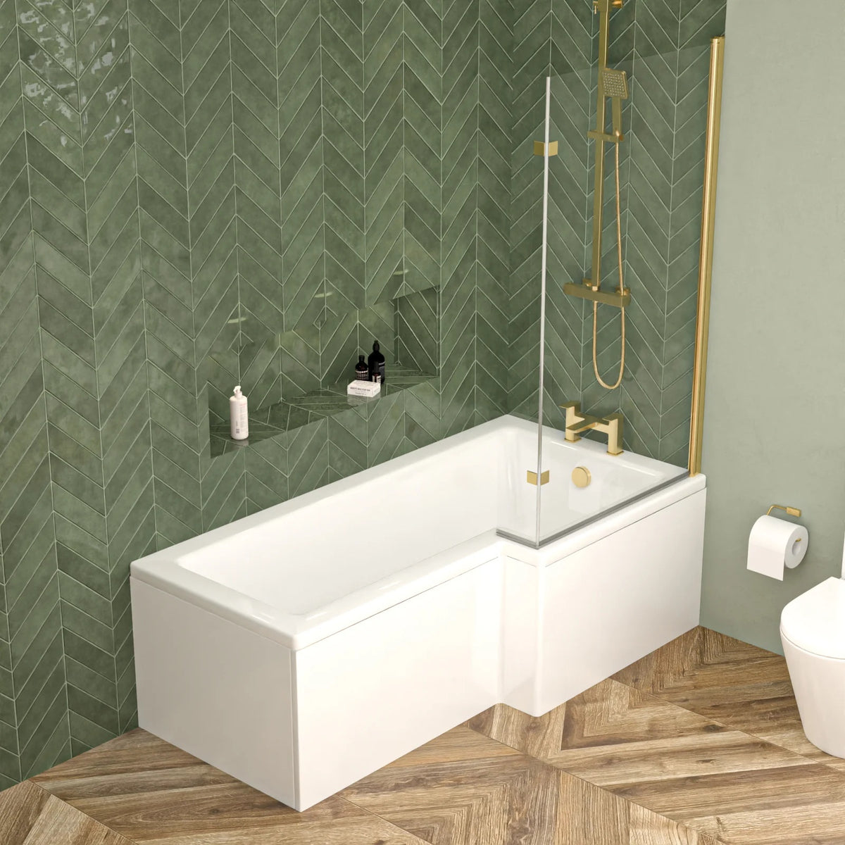 1700mm L-Shaped Right Hand Shower Bath with Brushed Brass Shower Screen (Front Panel Included)