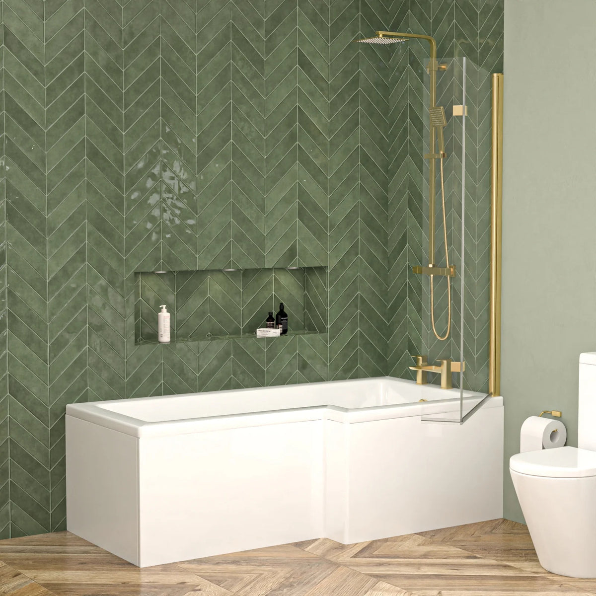 1700mm L-Shaped Right Hand Shower Bath with Brushed Brass Shower Screen (Front Panel Included)