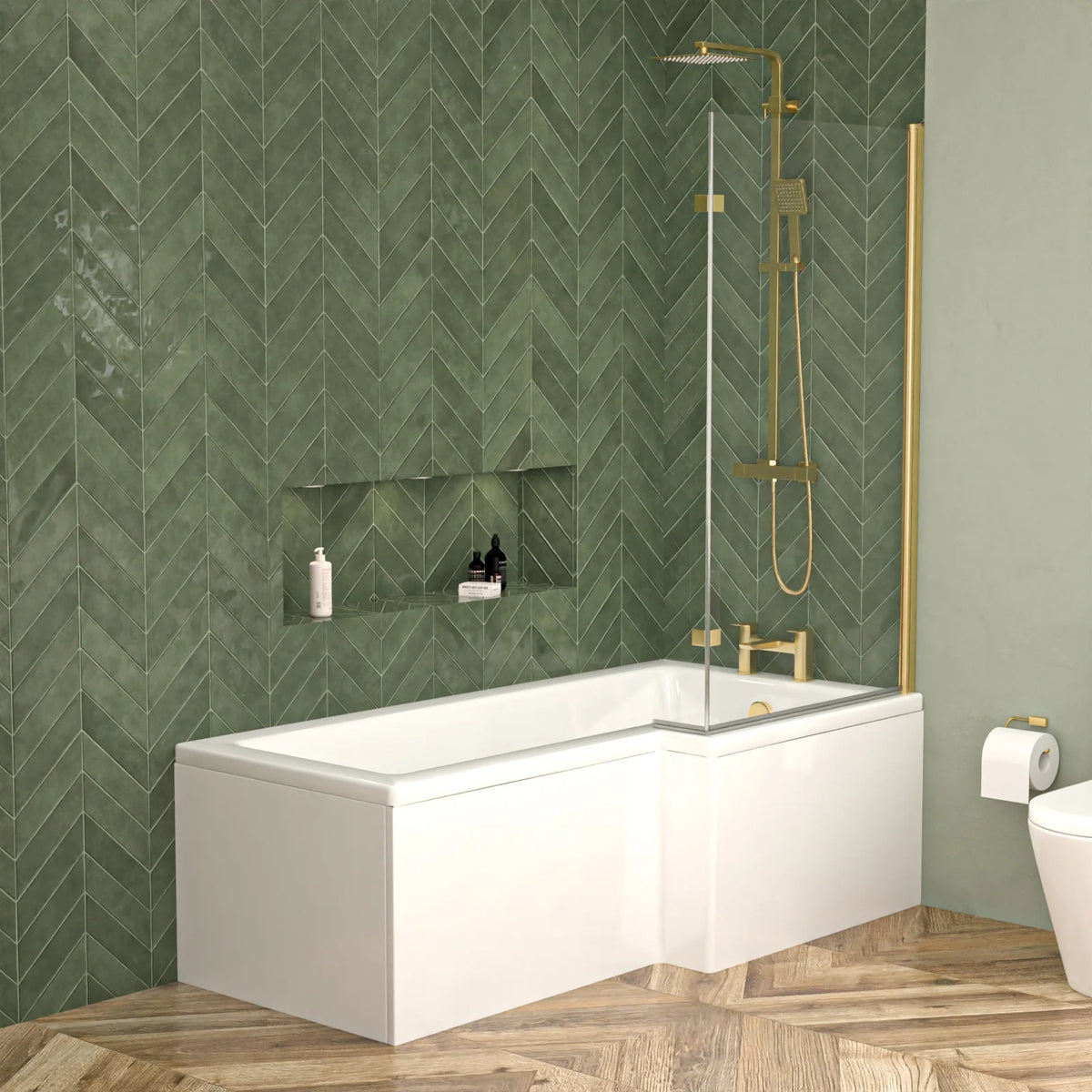 1700mm L-Shaped Right Hand Shower Bath with Brushed Brass Shower Screen (Front Panel Included)
