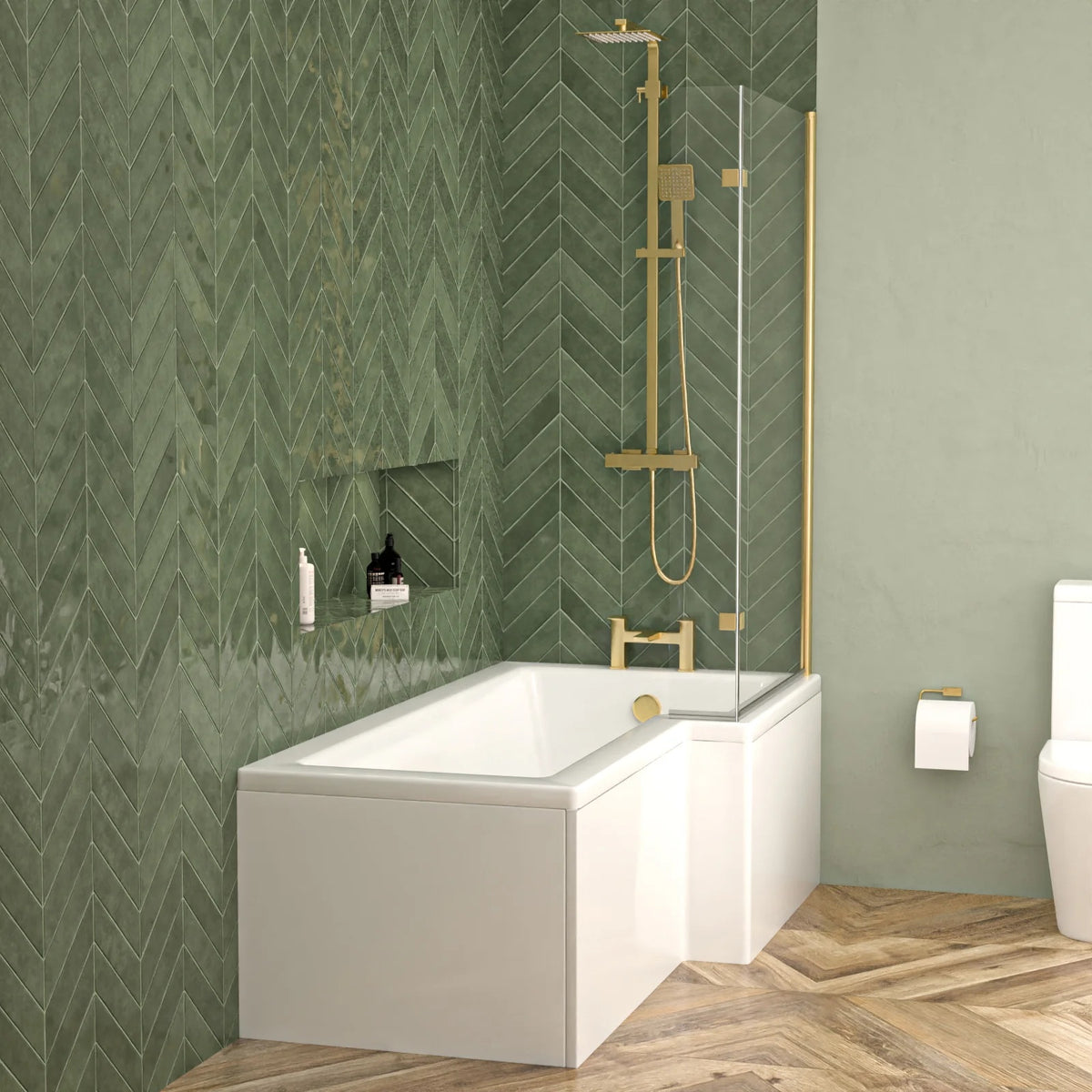 1700mm L-Shaped Right Hand Shower Bath with Brushed Brass Shower Screen (Front Panel Included)