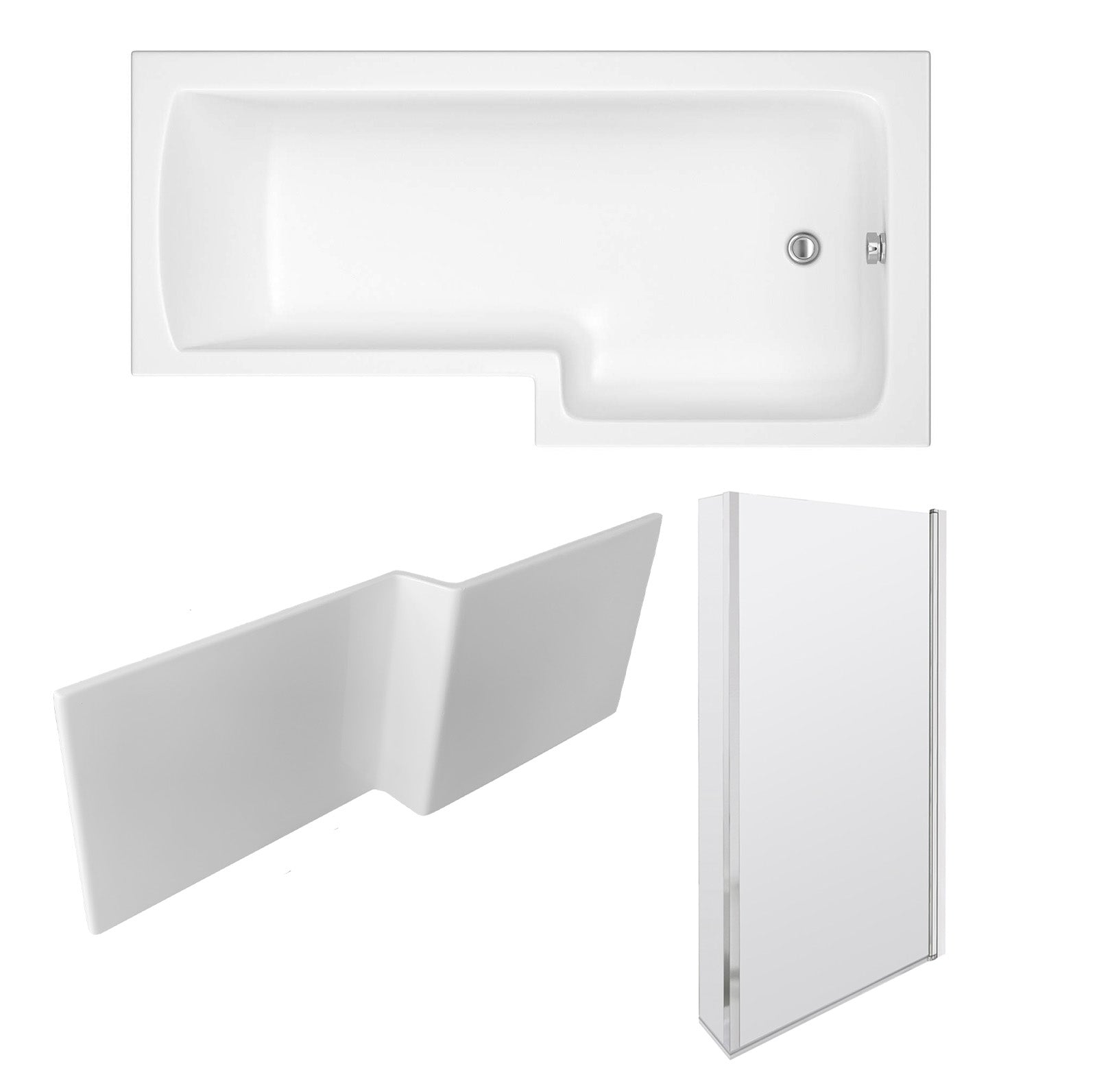 1700 x 850mm Right Hand L Shaped Shower Bath With Front Panel & Hinged Shower Screen