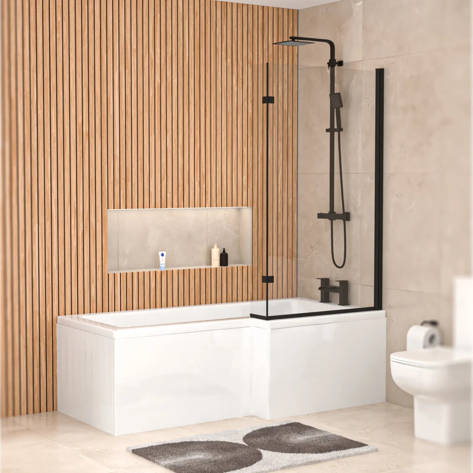 Left L Shaped Shower Bath With Front End Panel & Matte Black Screen