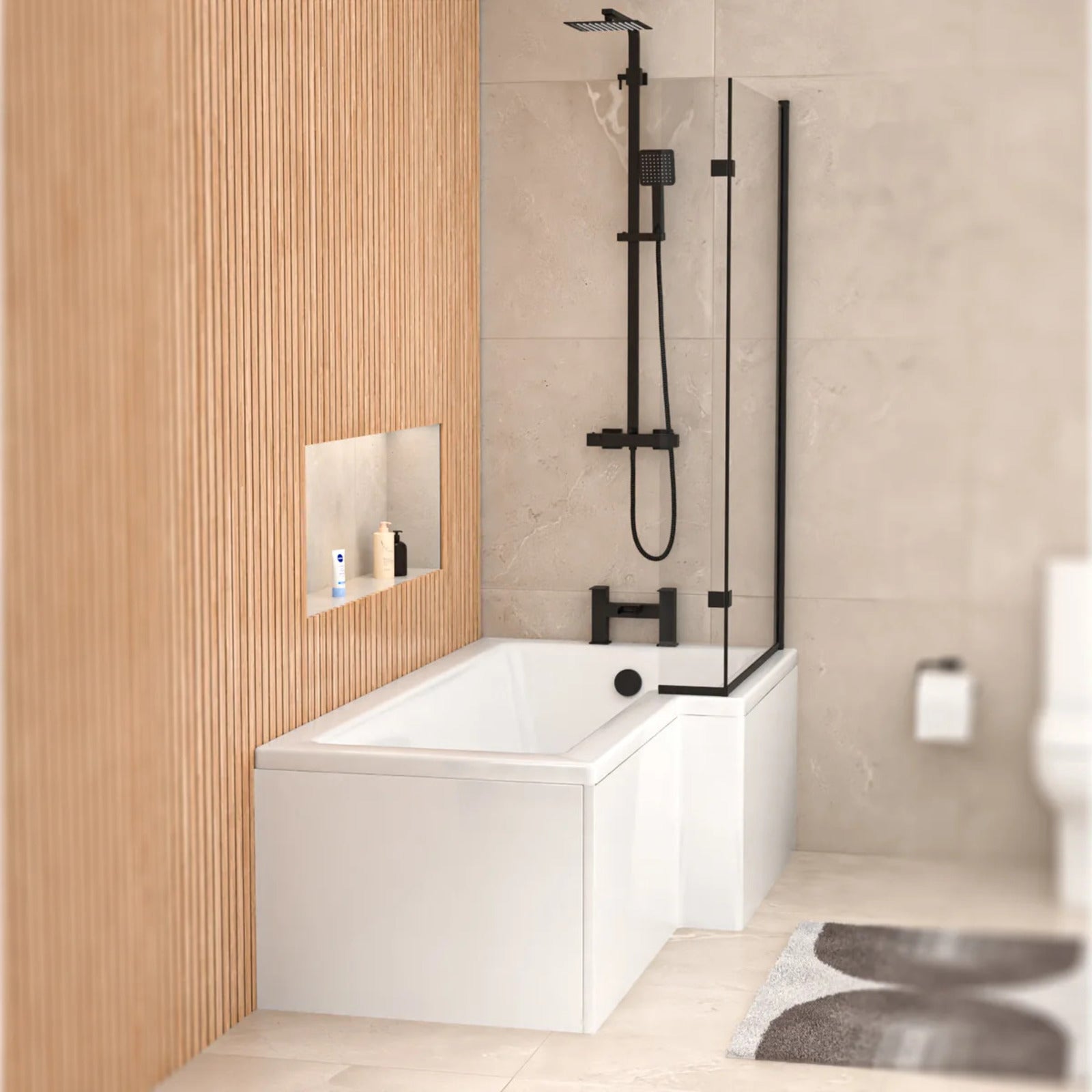 Left L Shaped Shower Bath With Front End Panel & Matte Black Screen