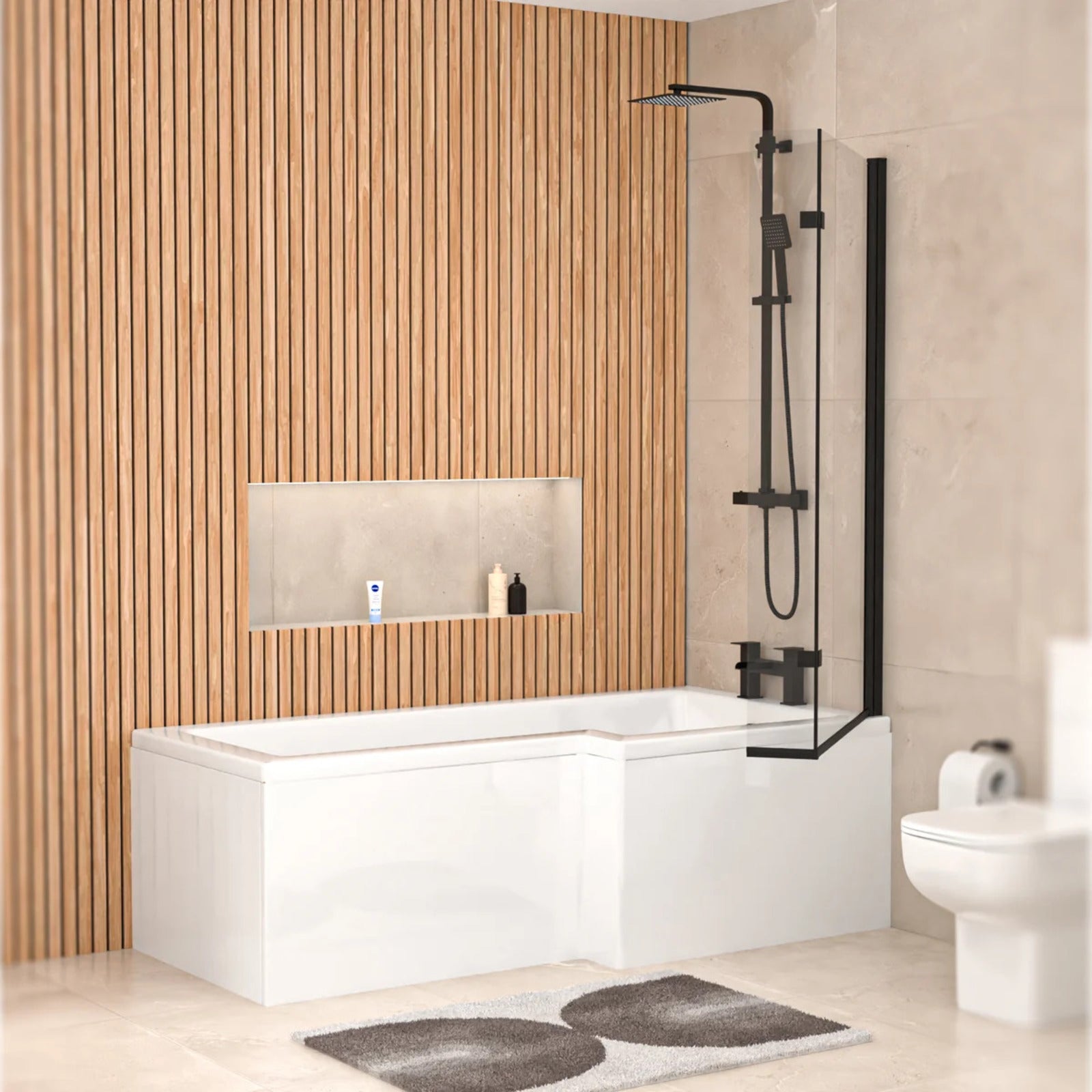 Left L Shaped Shower Bath With Front End Panel & Matte Black Screen