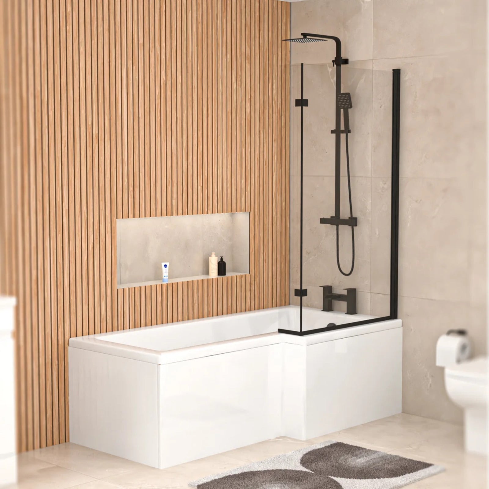 Left L Shaped Shower Bath With Front End Panel & Matte Black Screen