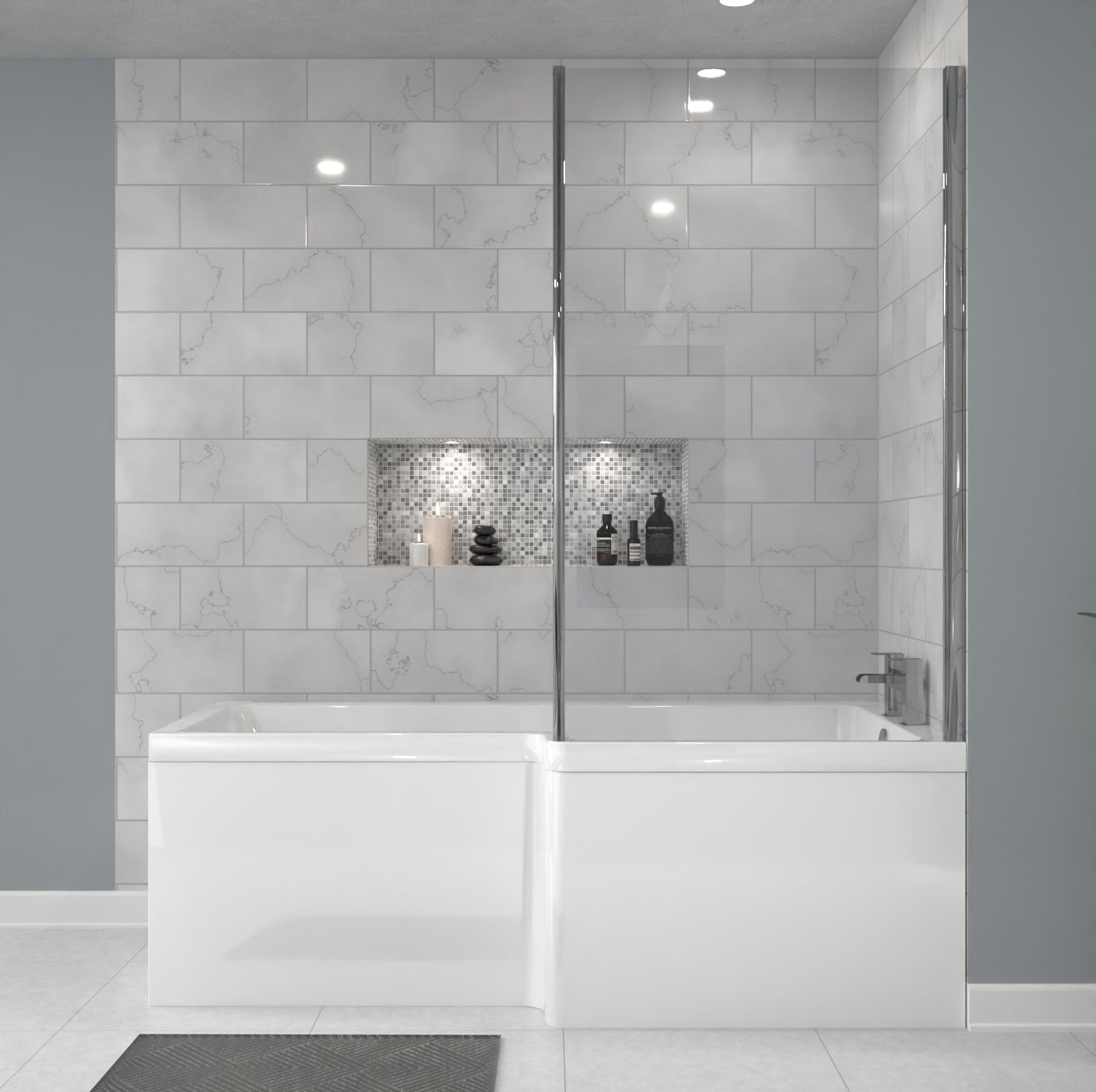 1700 x 850mm Right Hand L Shaped Shower Bath With Front End Panel & Hinged Shower Screen