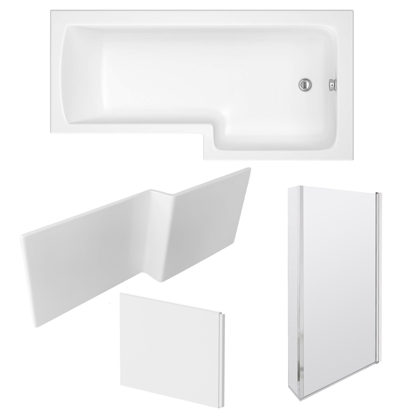 1700 x 850mm Right Hand L Shaped Shower Bath With Front End Panel & Hinged Shower Screen