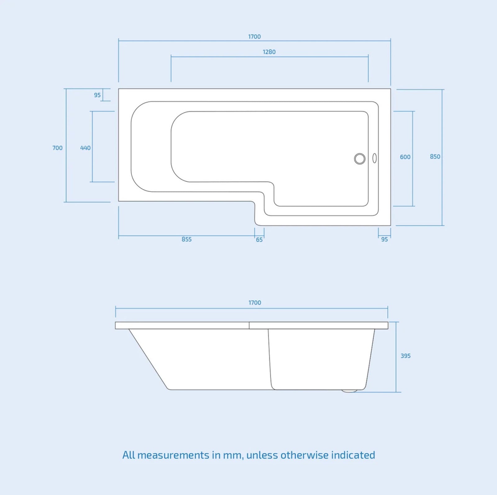 Left L Shaped Shower Bath With Front End Panel & Matte Black Screen