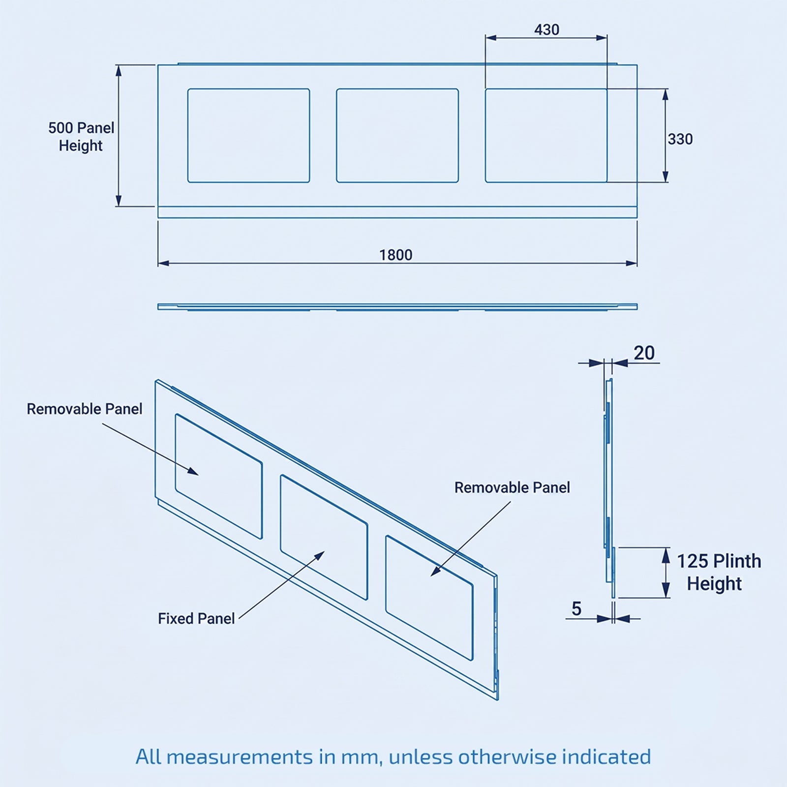 White PVC 1800mm Front Bath Panel with Removable Magnetic Door - Adjustable Height