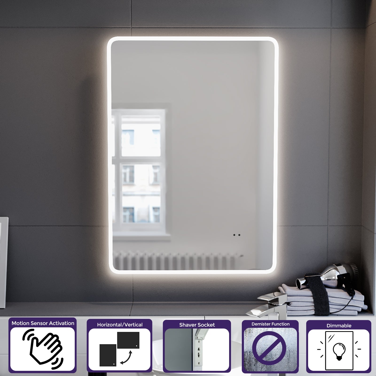 Motion Sensor Bathroom LED Mirror Shaver Socket Demister 500 x 700mm