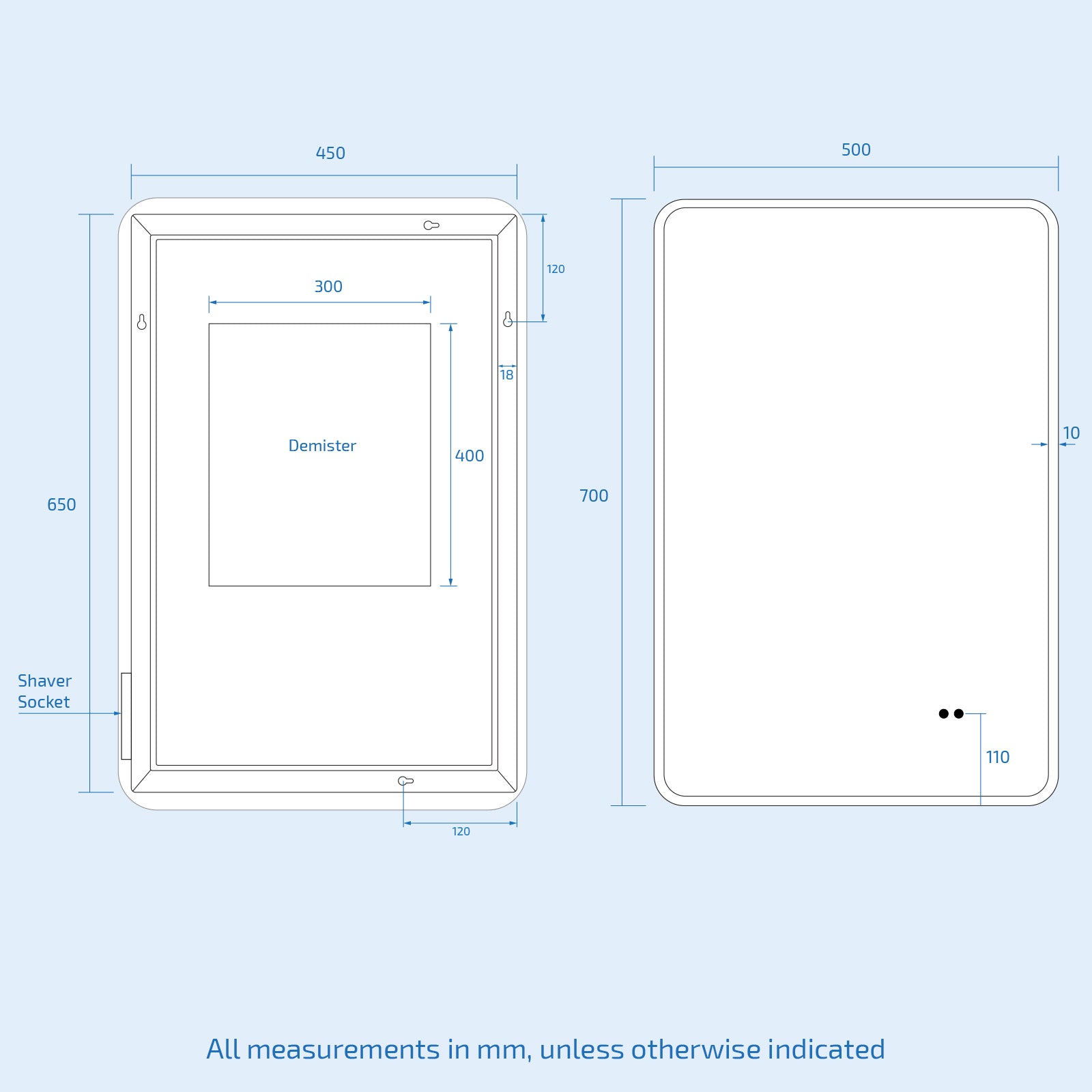 Motion Sensor Bathroom LED Mirror Shaver Socket Demister 500 x 700mm