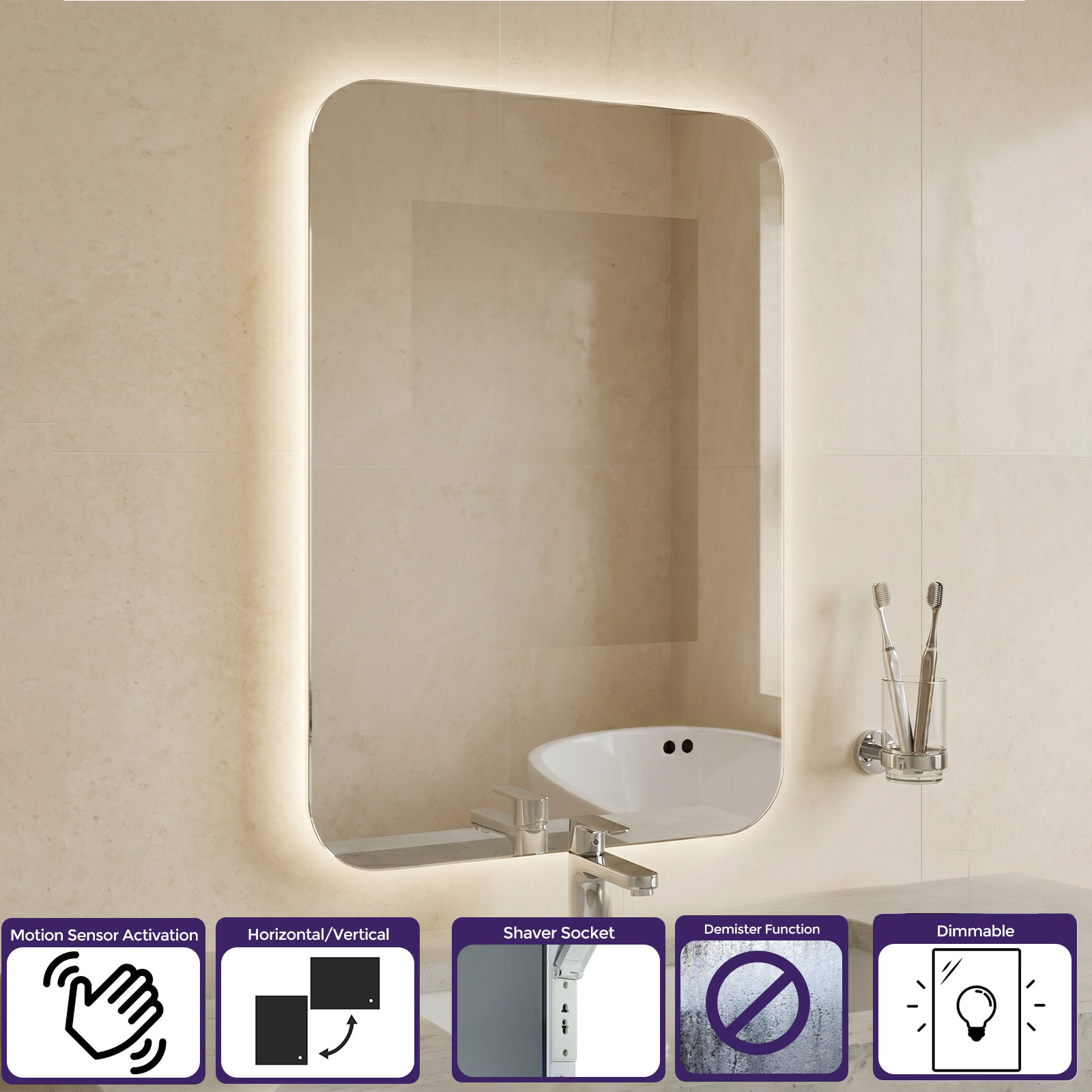 Motion Sensor Bathroom LED Mirror Shaver Socket Demister 500 x 700mm