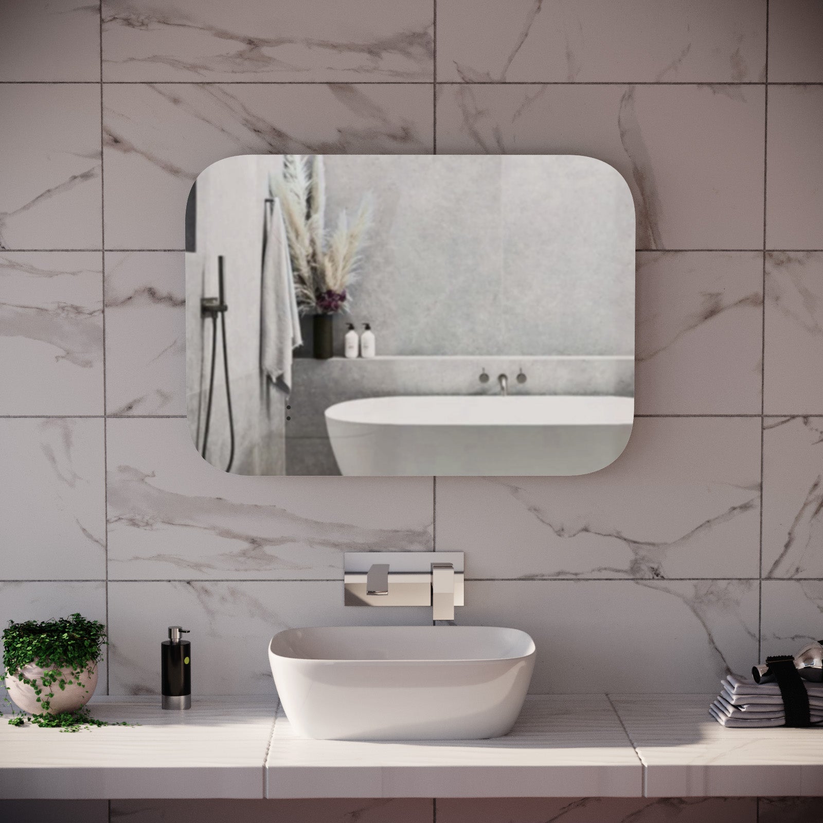 Motion Sensor Bathroom LED Mirror Rectangular Round Edge Shaver Socket Demister 600 x 800mm