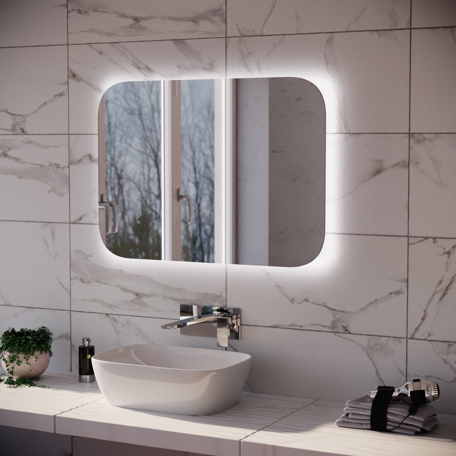 Motion Sensor Bathroom LED Mirror Rectangular Round Edge Shaver Socket Demister 600 x 800mm