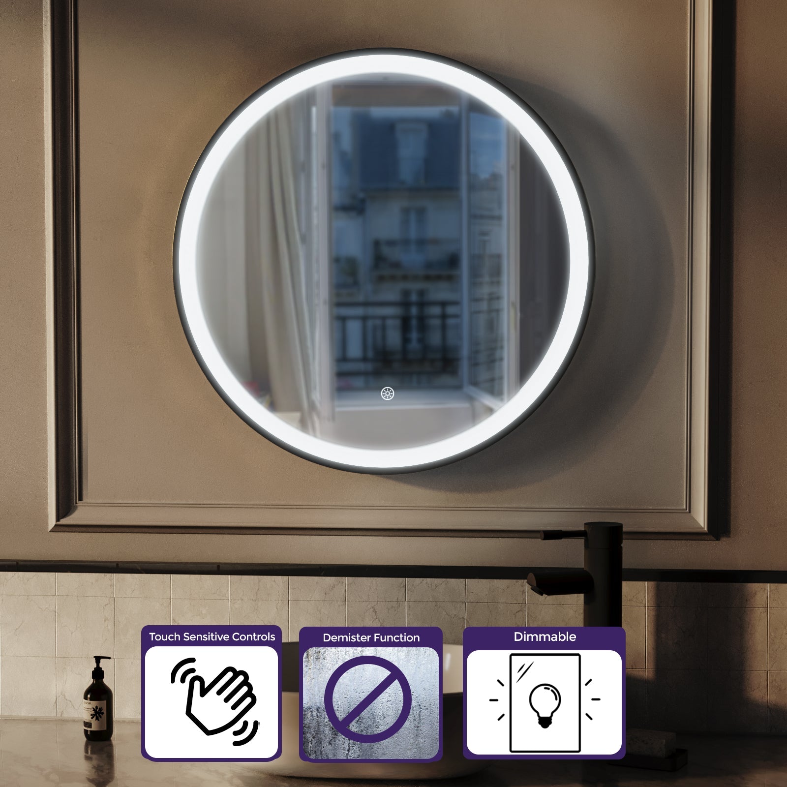 Kilsby Bathroom LED Mirror Demister Touch Sensor Lights Anti-fog Matte Black