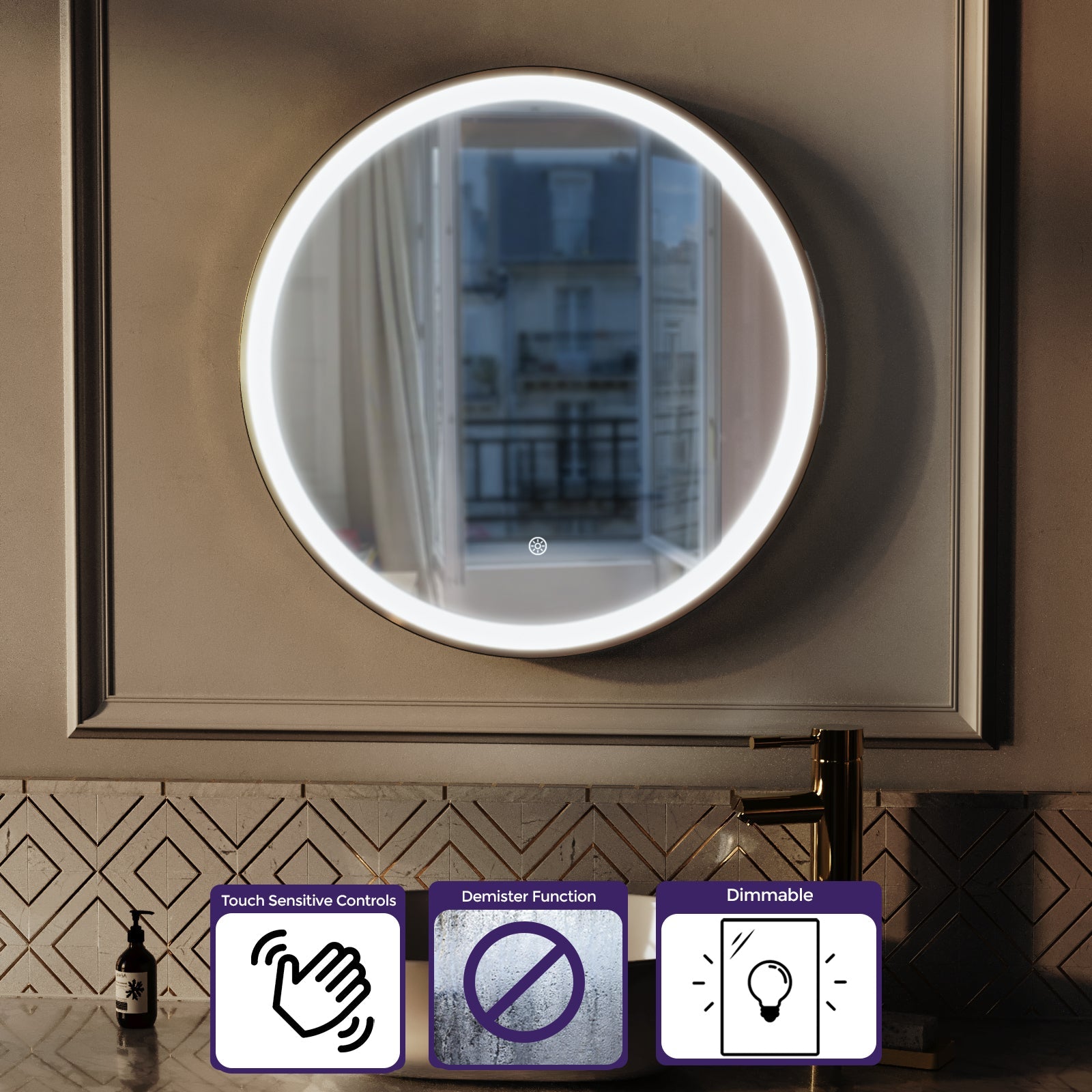 Kilsby Touch Sensor Bathroom LED Mirror Demister 600mm Brushed Brass