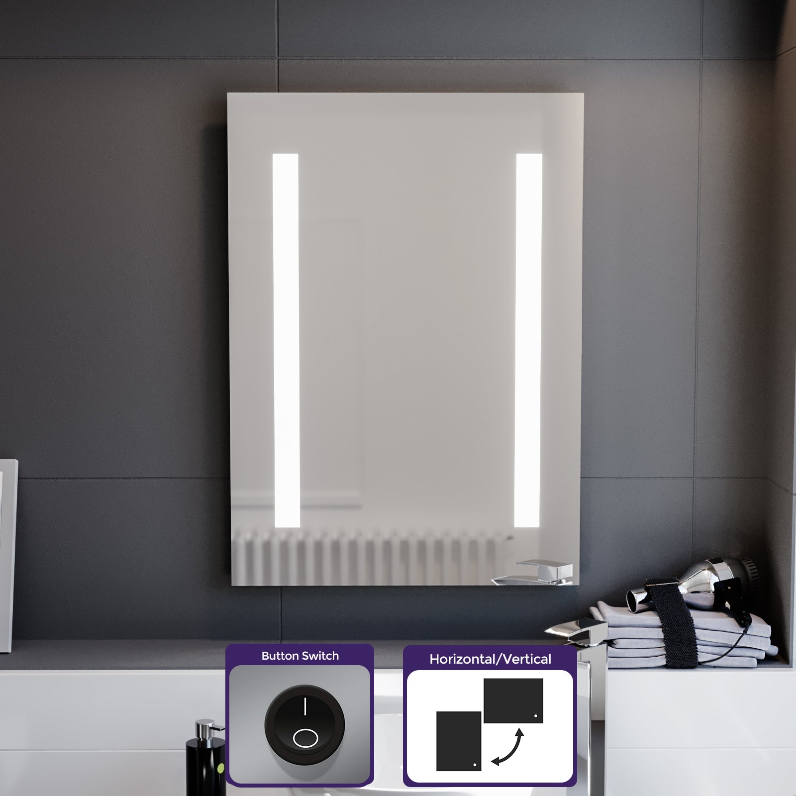 Lawerence Bathroom LED Mirror with Battery Powered Button Switch 500 x 700mm