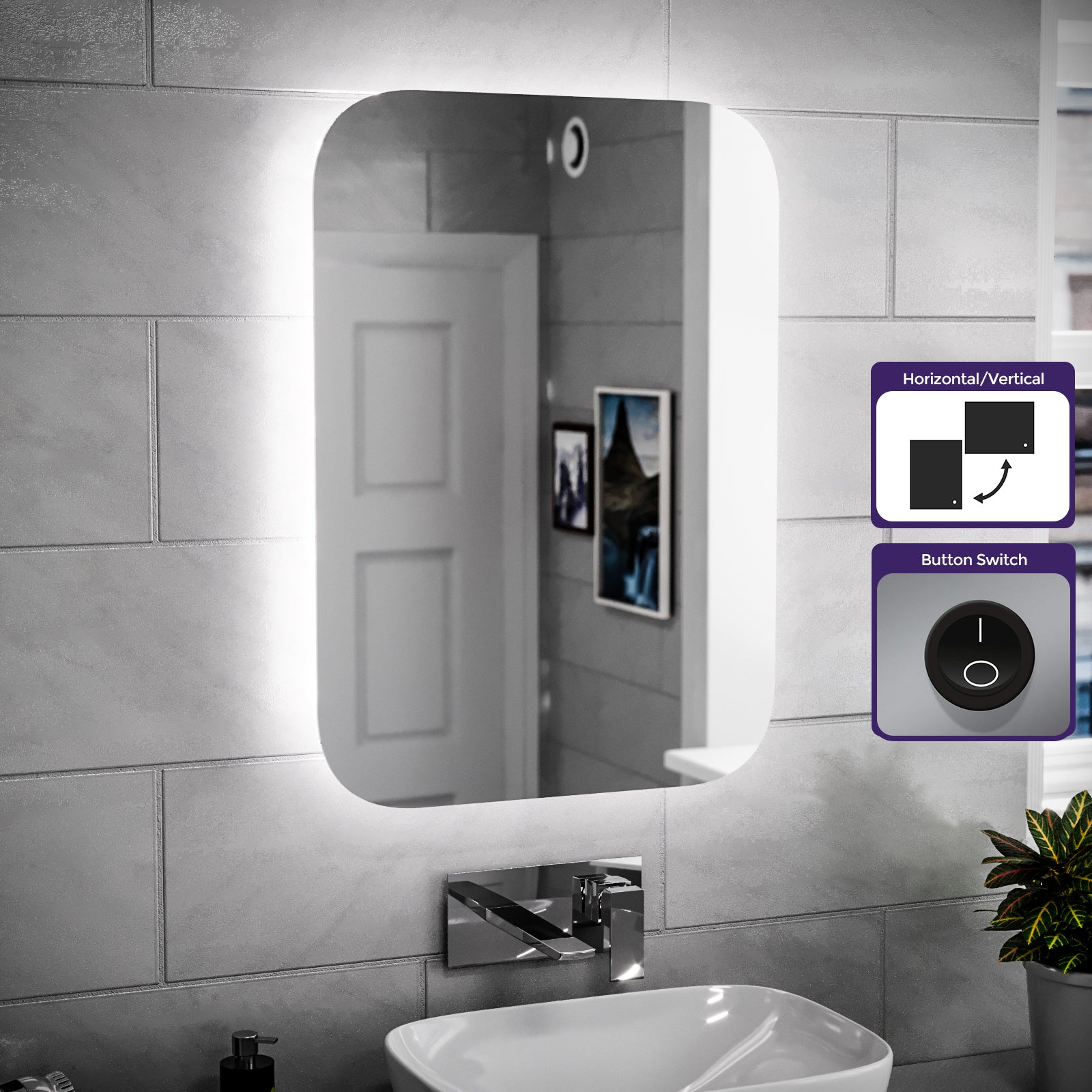 Bathroom LED Mirror With Battery Powered Button Switch 500 x 700mm