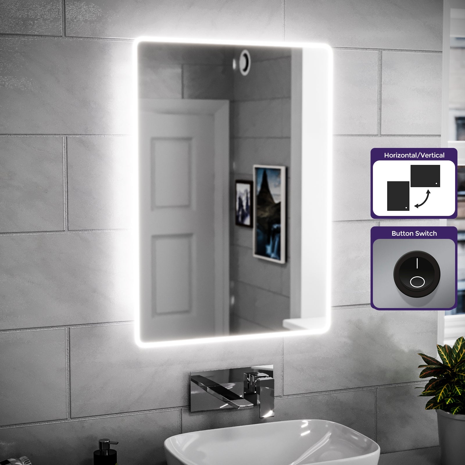 Modern Bathroom LED Mirror with Battery Powered Button Switch 500x700mm