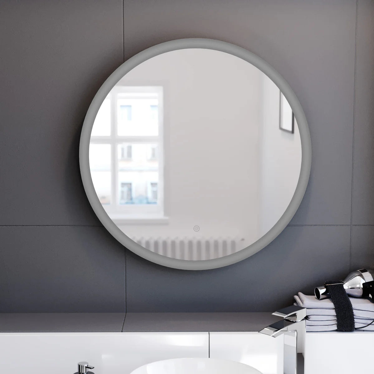 Home Modern Round Bathroom LED Mirror with Battery Powered Touch 600mm