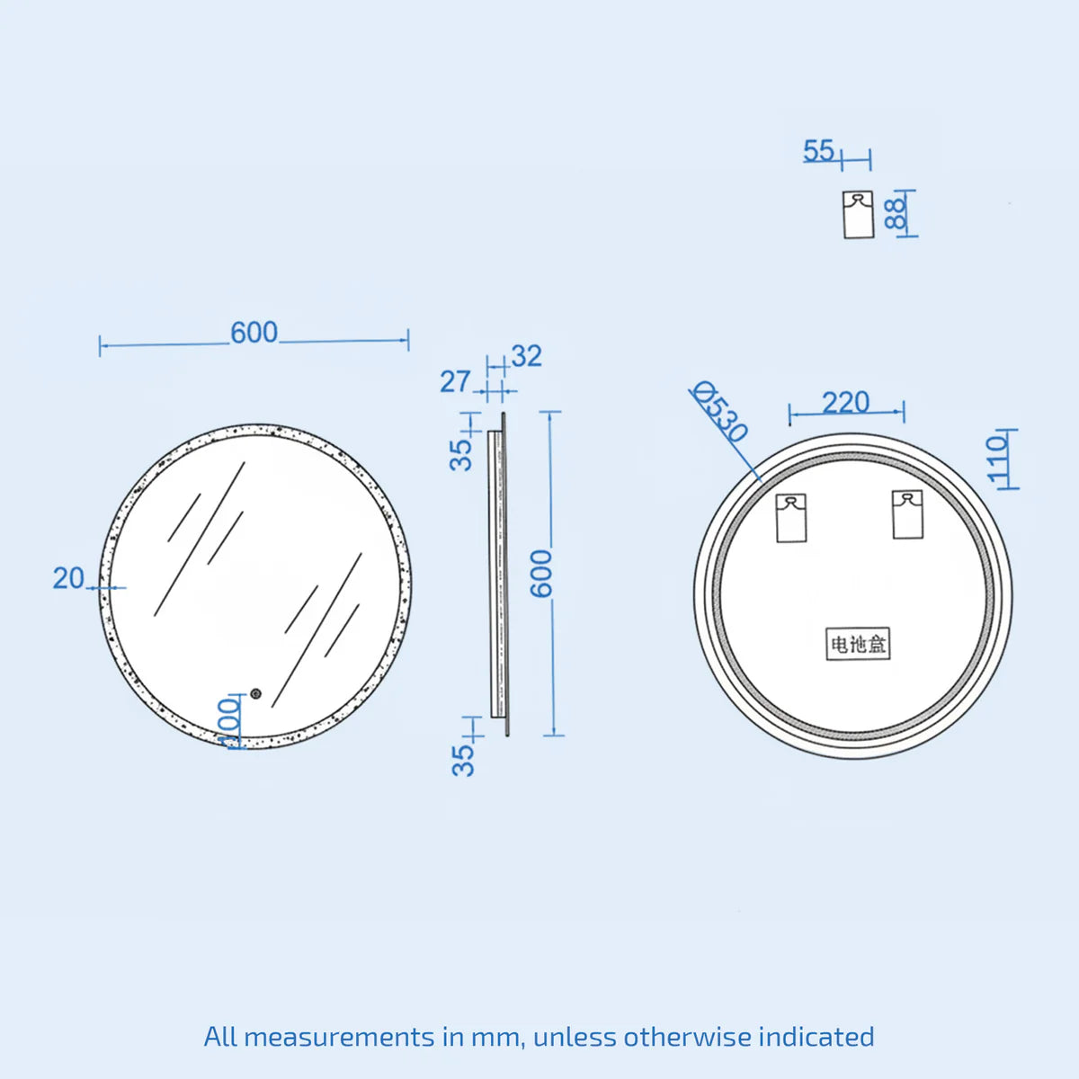 Home Modern Round Bathroom LED Mirror with Battery Powered Touch 600mm