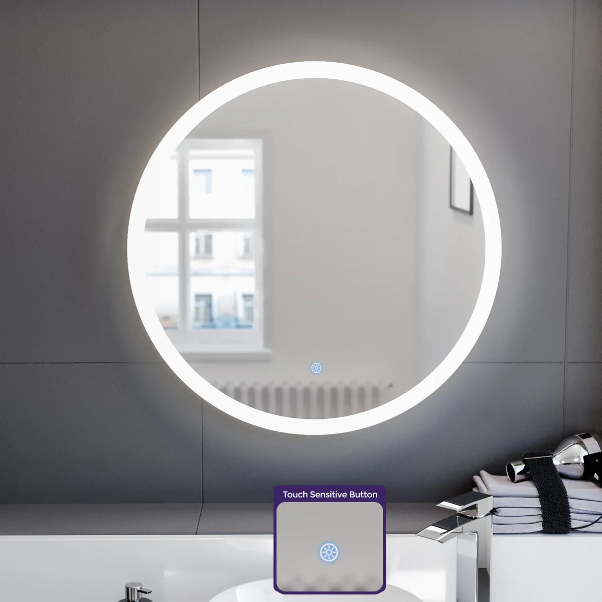 Home Modern Round Bathroom LED Mirror with Battery Powered Touch 600mm