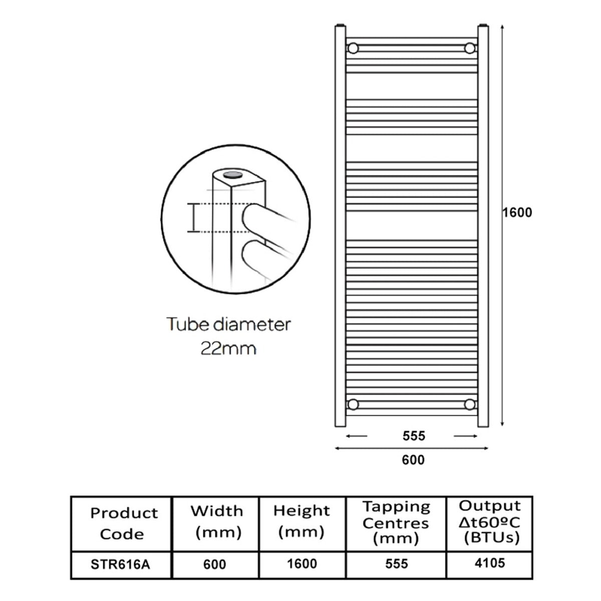 Technical drawing of a radiator with dimensions and specifications.