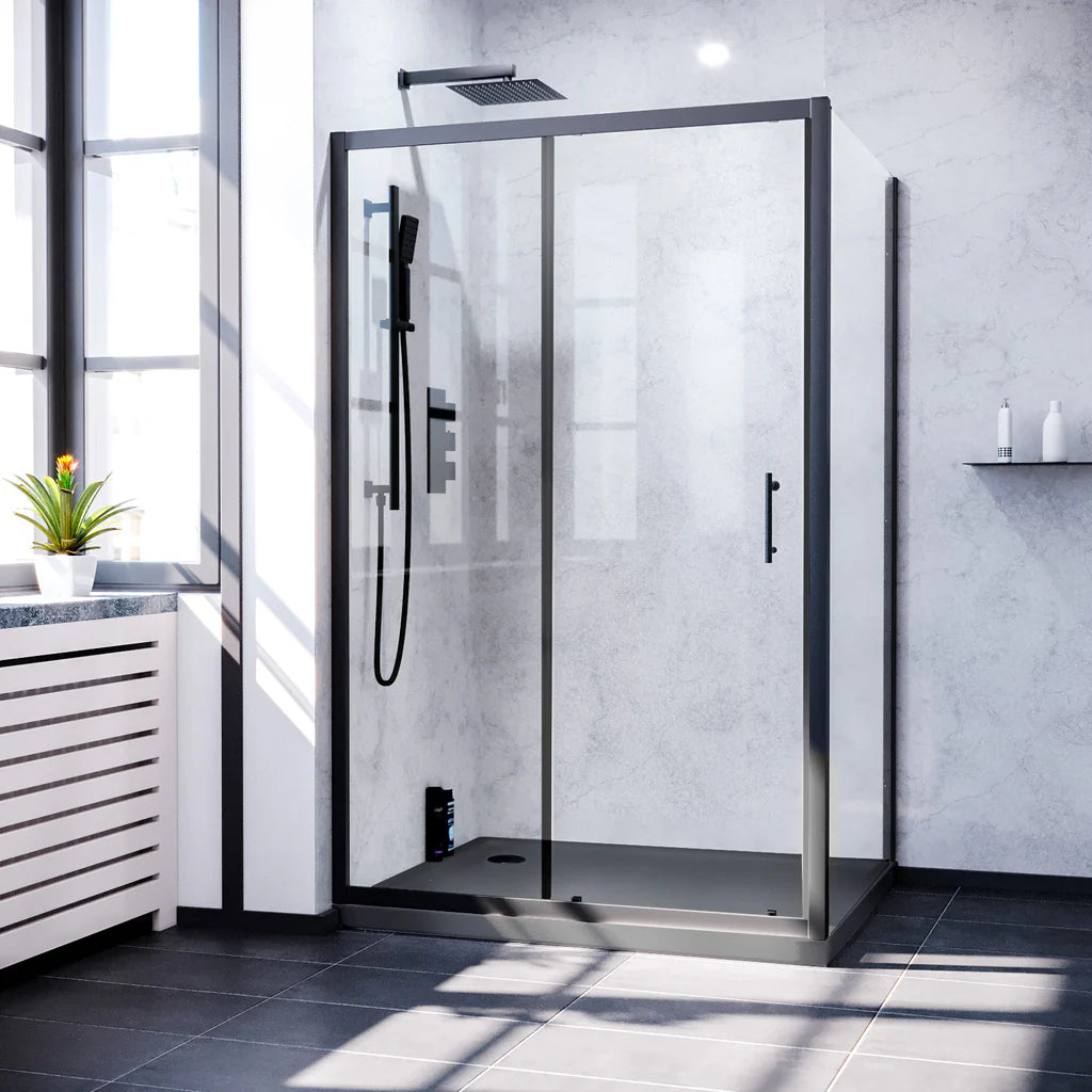 Magna Matte Black Framed Sliding Door Enclosure with Slate Grey Shower Tray -Front Image