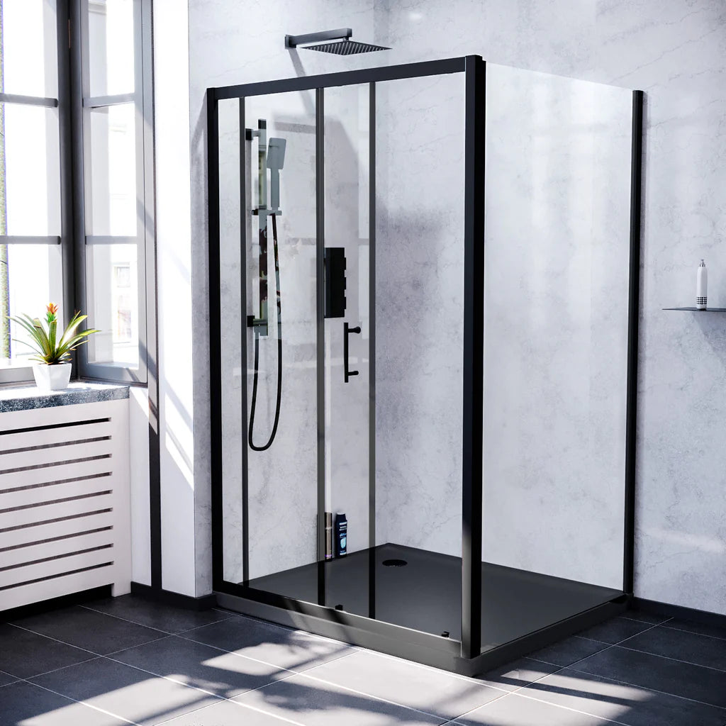 Magna Matte Black Framed Sliding Door Enclosure with Slate Grey Shower Tray -Front Image