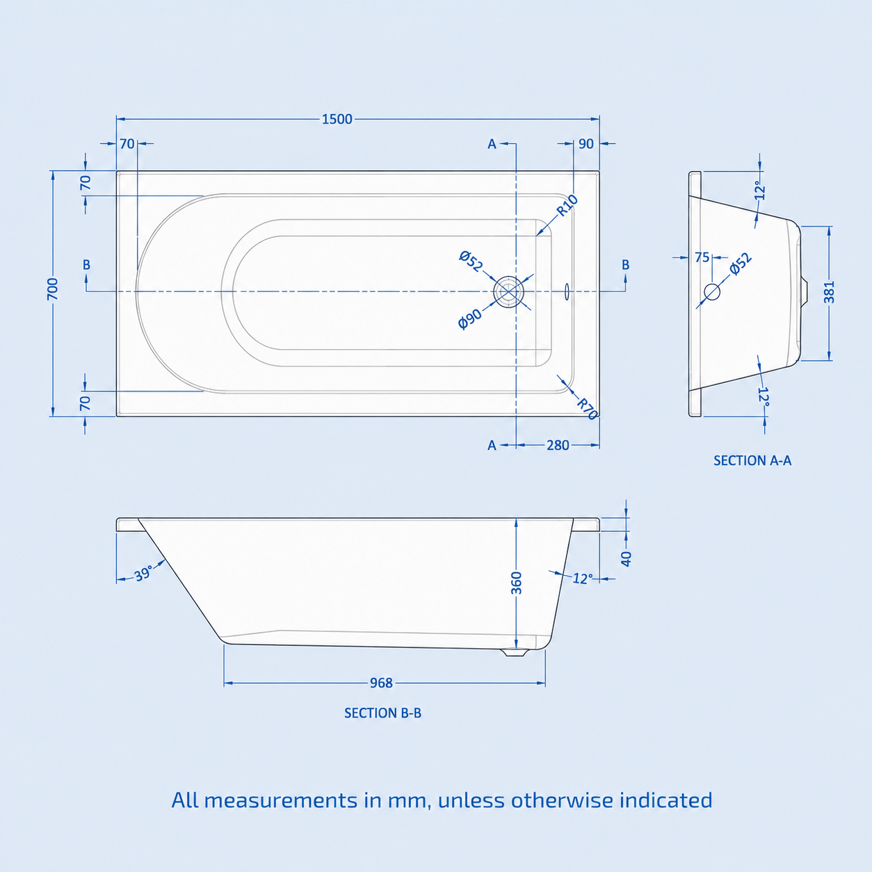 Ellen 550mm White Basin Vanity Cabinet With WC, BTW Toilet, 1500 mm Bath & Front Panel