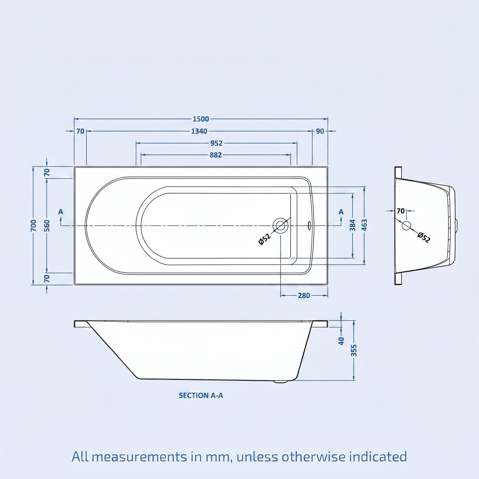 1500 x 700mm Round Bath with Legs and Brushed Brass Frame Curved Bath Screen