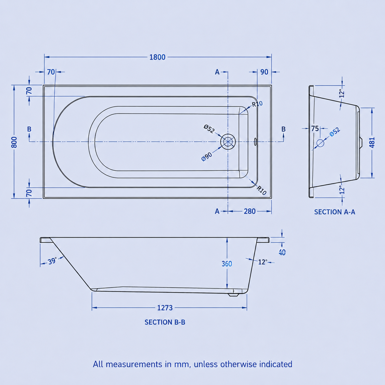 1800 x 800mm White Single Ended Round Bath with Bath Leg