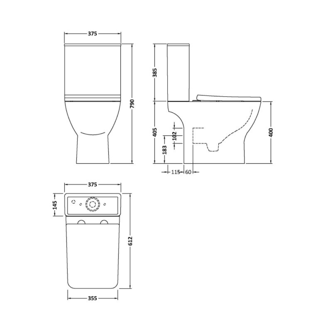 Rimless Square Compact Close Coupled Toilet WC Pan, Toilet Seat & Cistern