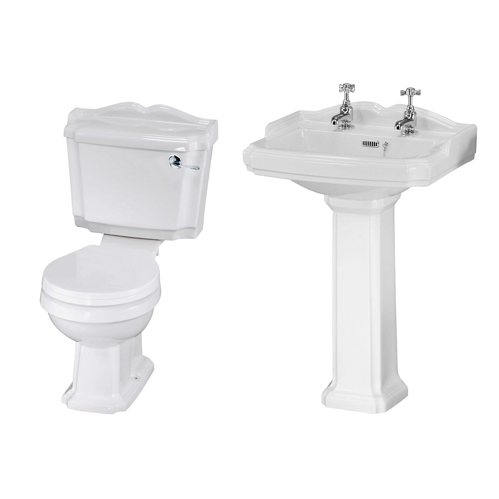 Legend Traditional Bathroom Suite - Toilet and Basin Full Pedestal 2 Tap Holes