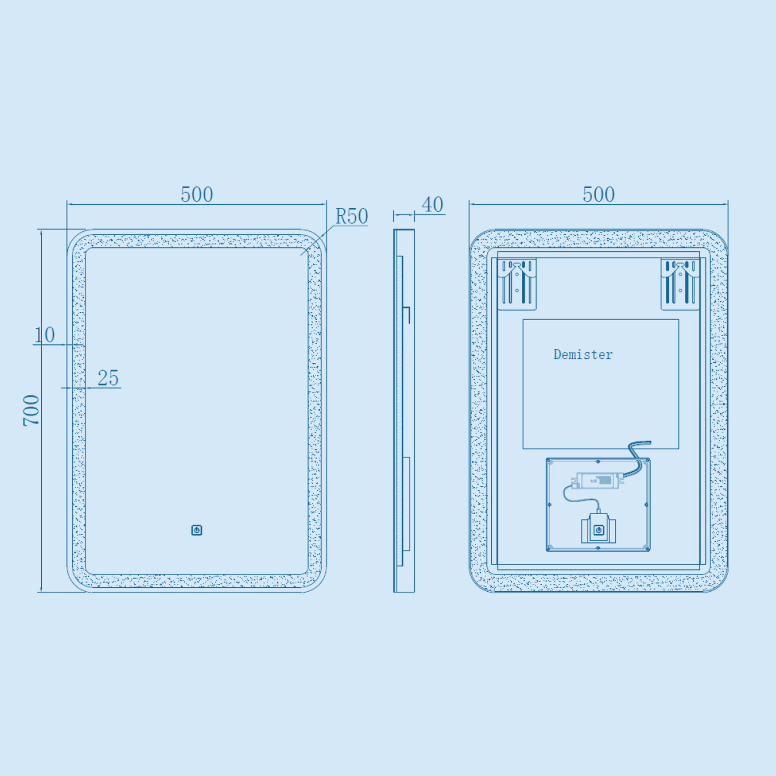 Kartell Nero 500mm W x 700mm H Rectangle Black Frame Front Lid LED Mirror Wall Mounted - NE5070