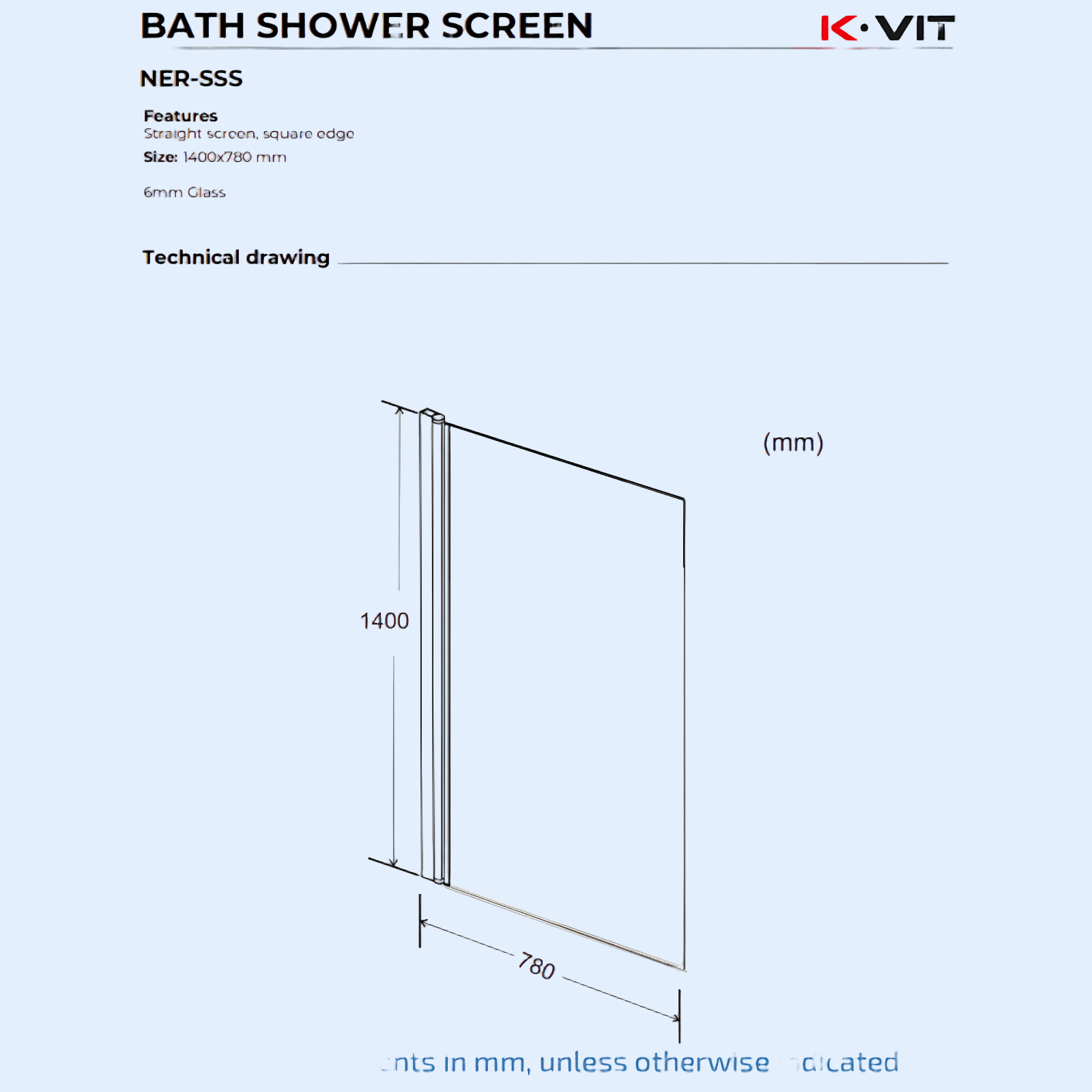 Kartell Nero 780mm W x 1400mm H Matt Black 6mm Square Edge Bath Screen- NER-SSS